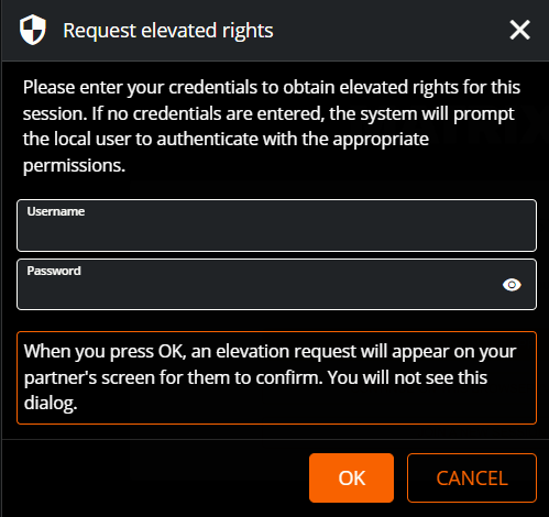 Request elevated rights dialog box